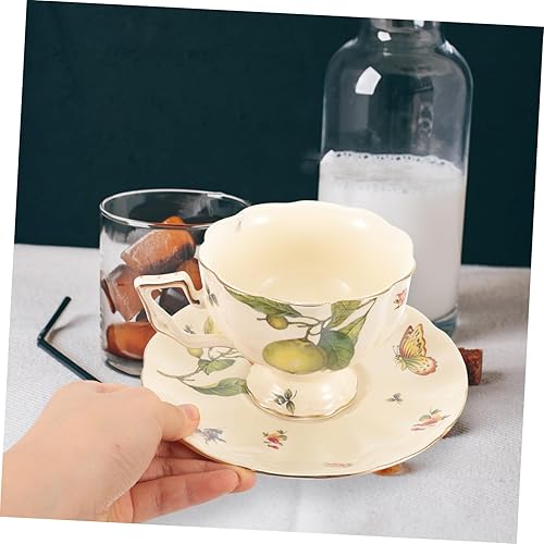 Mobestech 1ensemble Tasses À Café Céramique avec Soucoupes Tasses À Latte Vintage Motif Citron Et Fleurs Thé Après-midi Français Et Anglais Mug Confortable Et Résistant - Nail Gallerys