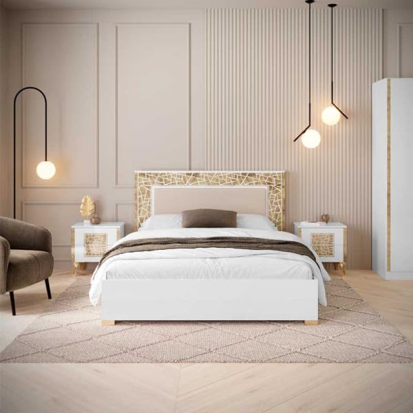 Chambre complète 160x200 Blanc brillant/Or - NAHESA - Cadre de lit : L 168 x l 215 x H 112 cm ; Armoire : L 162 x l 53 x H 212 cm ; Commode : L 108 x l 41 x H 77 cm ; Chevet : L 52 xl 37 x H 54 cm ; - Nail Gallerys