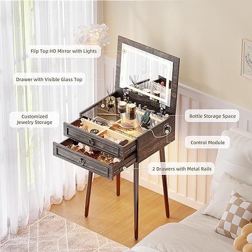 Gurexl Petite coiffeuse LED avec miroir, 3 en 1, avec 2 tiroirs, outil rembourré, pour coiffeuse, chambre à coucher - Nail Gallerys