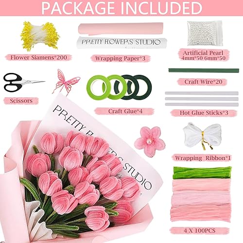 Lot De 400 Fil Chenille Cure Pipe, Kit Bouquet Cure Pipe Chenille Rose avec 20 Fils Fleuriste Verts, Rubans Fleuriste, Ciseaux, Papier Cadeau, Ensemble Bricolage Bouquet Tulipes pour Enfants Adultes - Nail Gallerys