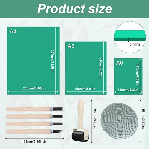 Kit de Gomme Linogravure Plaque A4 A5 A6 9Pcs Linogravure Plaque Kit Linogravure Caoutchouc Block Printing Starter Linoleum Plate avec Outils de Sculpture, pour la Gravure,Le Bricolage Artistique - Nail Gallerys