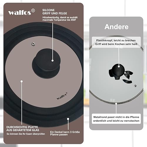 Walfos® Couvercle de poêle, diamètre : 28 cm, 26 et 24 cm, en verre, avec bord en silicone gradué, résistant à la chaleur, pour poêles et casseroles - Nail Gallerys