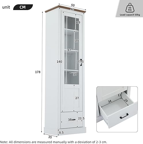 KOMHTOM Vitrine Meuble avec Lumière LED et Dispositif Anti-Bascule, Vitrine Salon avec 1 Porte et 1 Tiroir, Meuble de Rangement Salon, Blanc (A) - Nail Gallerys