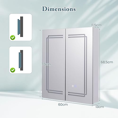 GIANTEX Armoire à Miroir de Salle de Bain avec Éclairage, Meuble Salle de Bain avec 3 Étagères Hauteur Réglable, 3 Couleurs LED, 2 Portes, Interrupteur Tactile, Désembuage, 60 X 70 X 13 CM, Blanc - Nail Gallerys