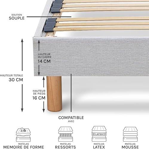 BELLECOUR LITERIE | Sommier à Lattes en Bois avec Pieds CAPITOLE 90x200 cm Hauteur 30 cm | Cadre de lit Robuste Gris Clair | Montage Facile - Nail Gallerys