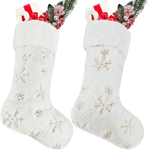 4 Pièces Blanc Peluche Chaussettes Bas De Noël Sac, Chaussettes De Noël en Fausse Fourrure Blanc Crème avec Flocons De Neige, Décoration De Cheminée De Noël Sac De Bonbons Flocon De Neige (A) - Nail Gallerys