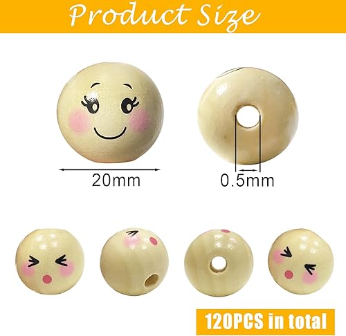 Ycaaeo Lot de 80 perles rondes en bois avec visage souriant de 20 mm - Avec trou - Têtes en bois naturel - Pour bijoux, bracelet, collier, bricolage - Nail Gallerys