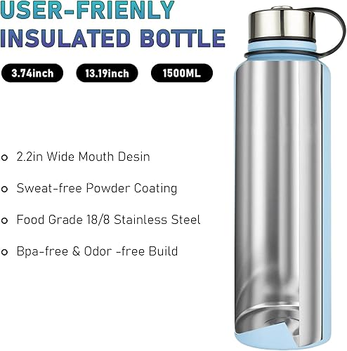 XUDREZ Bouteille d'eau isotherme en acier inoxydable de 1,5 l à large goulot en métal, sans BPA, anti-fuite – Bouteille pour le travail, la gym, les voyages, le sport - Nail Gallerys