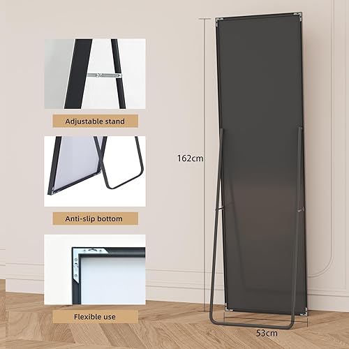 Miroir Pleine Longueur 162x53cm, Miroir sur Pied à Cadre Simple, Grand Miroir Mural HD avec Crochet, reflet en Verre HD Transparent, incassable et léger (Noir,162x53cm) - Nail Gallerys