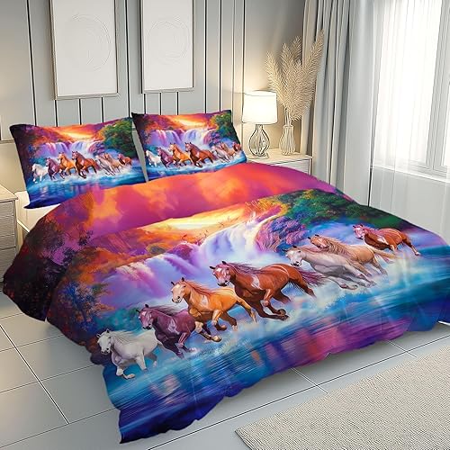 Housse de Couette 140x200 Cheval au Galop Cascade Paysage Naturel Douce et Respirante, Animaux Sauvages Prairie Parure de Lit avec Fermeture Éclair, 2 Taies d'oreiller 65x65cm - Nail Gallerys