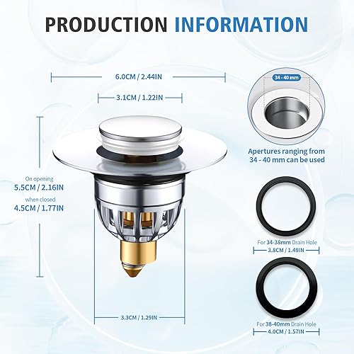 Bouchon de lavabo inox, Pop up Bouchon de vidage Universel, Bouchon de Vidange Amélioré, Flitre de Vidange Anti-Bloqué,Pull Type Bonde Evier,pour Baignoire, Cuisine, Lavabo(Orifice de Vidange 34-40mm) - Nail Gallerys