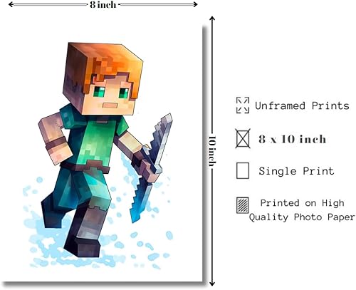 TFH Art Design - Poster mural Minecraft – Décoration murale sur le thème des joueurs de mineurs – Art mural aquarelle – (décoration de salle de jeux vidéo) – Lot de 6 pièces – 20,3 x 25,4 cm – Sans - Nail Gallerys
