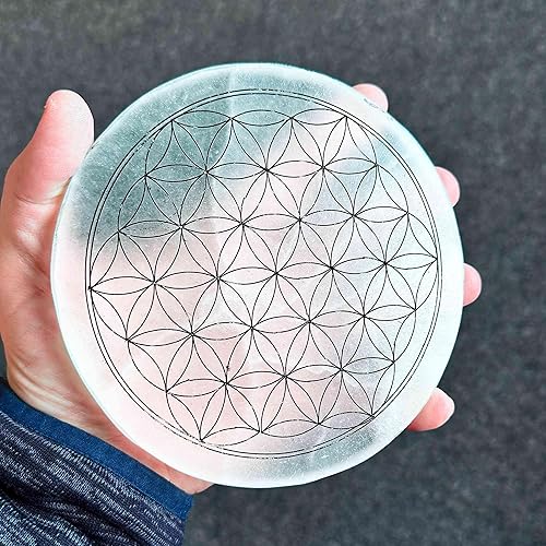 NKlaus Plaque de chargement en sélénite 15 cm avec gravure fleur de vie – Recharge de pierres précieuses, travail des chakras, travail énergétique, symbole de protection et décoration spirituelle - Nail Gallerys