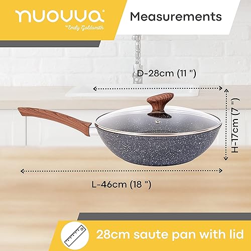 nuovva Poêle wok anti-adhésive avec couvercle en verre – Poêle à frire profonde avec base à induction – Poêle à frire de 28 cm avec poignée amovible - Nail Gallerys