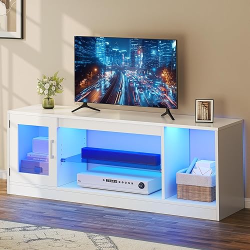 DWVO 148 cm Meuble TV avec Éclairage 22 Modes LED RGB pour Téléviseurs Jusqu’à 65 Pouces Meuble de Rangement avec Étagères en Verre Réglables Idéal pour Salon et Chambre - Nail Gallerys