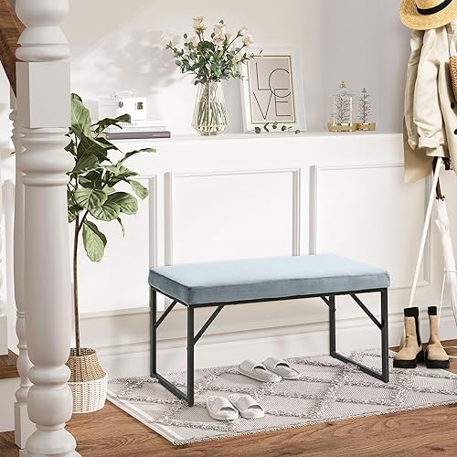 HOMCOM Banc Bout de lit Banquette Banc en Tissu Velours Cadre en Acier - 100 x 35 x 47 cm - Bleu Clair - Nail Gallerys