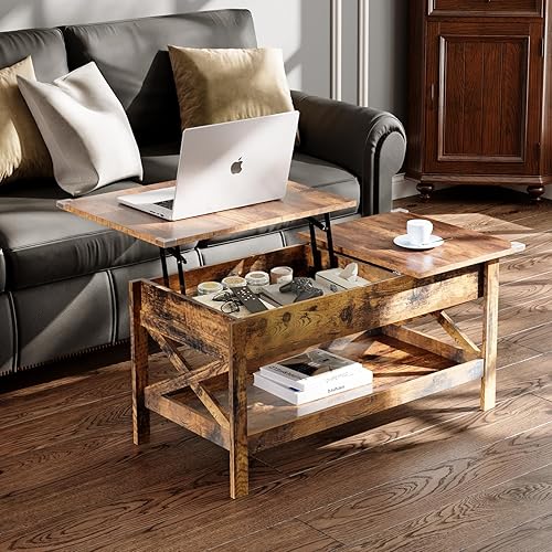 Vendricasa Table Basse, Table de Salon avec Plateau Relevable, avec Rangement Ouvert et Compartiment Caché, Design X pour Salon et Bureau et salles de réception, Marron Rustique - Nail Gallerys