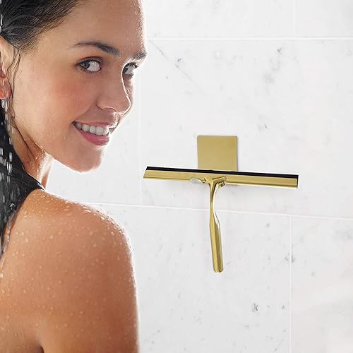 JINGAN Brosse de douche pour portes en verre – Raclette multi-usages en acier inoxydable doré avec poignée | Brosse en caoutchouc pour miroirs pour nettoyage de la maison, portes en verre, murs - Nail Gallerys