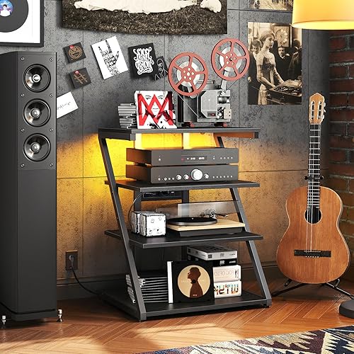 HOOBRO Meuble HiFi à 4 Niveaux, Support Multimédia avec Station de Charge, Meuble TV avec Ruban LED de 24 Couleurs, Centre de Divertissement avec 3 Prises et 2 Ports USB, Noir EBB82CDCJ01 - Nail Gallerys