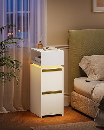 HEXCELEN Table de Chevet Étroite, Tables de Chevet avec Lumière LED, Tables de Nuit avec 2 Tiroirs et 1 Compartiment Ouvert, Table d'appoint, pour Chambre à Coucher, Salon, Moderne, Blanc - Nail Gallerys