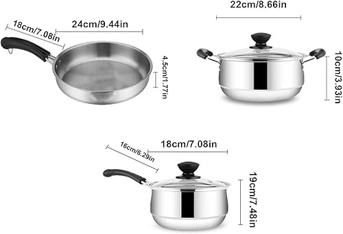 Non Stick Pots and Pans Set, 3pcs Stainless Cookware, Durable Design 9.44x7.08in, Kitchen Cooking Pot, Frying and Sauce Pans Set for Simmering Sautéing - Nail Gallerys