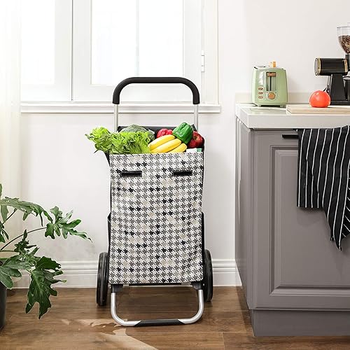 SONGMICS Chariot de Courses, Caddie, Poussette de marché, capacité 40L, avec rangements, Roues silencieuses, Crochet, 47 x 33 x 97 cm, Motif Pied-de-Poule, Noir KST06BF - Nail Gallerys