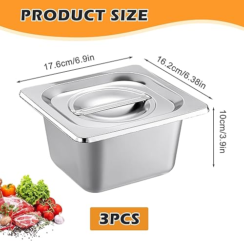 Lot De 3 Bac Inox Alimentaire, Plat Inox Avec Couvercle, GN 1/6 récipient, Bac Rectangulaire Inox, Bac Gastro Inox, Poêle À Vapeur Empilable Pour Escalopes, Viande, Poisson, Côtelettes(17.5*16.5*10cm) - Nail Gallerys