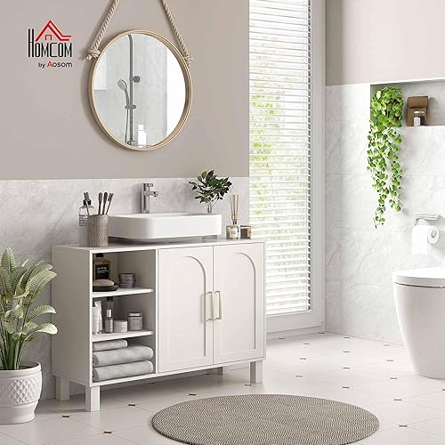 HOMCOM Meuble sous lavabo, Meuble de Salle de Bain, avec Placard à Deux Niveaux, 2 Portes, étagères réglables, sur Pieds, en Bois, 90 x 30 x 63 cm, crème - Nail Gallerys