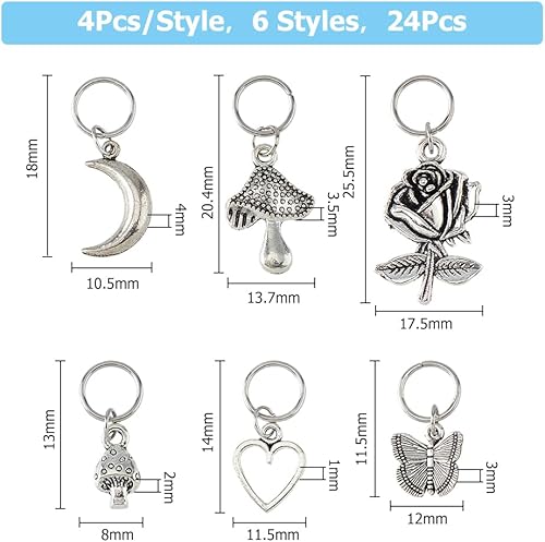 Hobbspring 24 pièce 6 styles de Breloques de Chaussures en Alliage Pendentif de Chaussure Fleur Cœur Champignon Lune Papillon Pendentifs de Bottes Breloques de Style Tibétain avec Anneaux de Jonction - Nail Gallerys