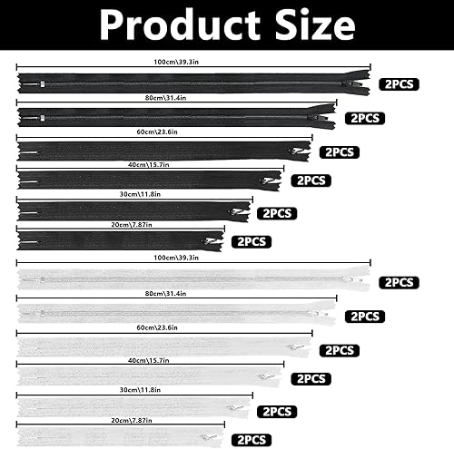 Lot de 24 fermetures éclair invisibles, noires et blanches, 20/30/40/60/80/100 cm, fermetures éclair invisibles #3 pour couture, loisirs créatifs, robes, jupes, coussins, sacs à vêtements + 48 - Nail Gallerys