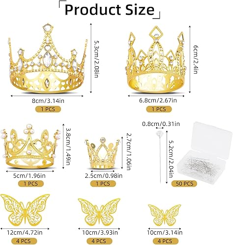 Lot de 66 mini couronnes dorées - Accessoires inclus - 4 décorations de gâteau - 12 décorations papillon - 50 épingles diamant pour anniversaire, mariage, douche prénatale, bouquet de fleurs - Nail Gallerys