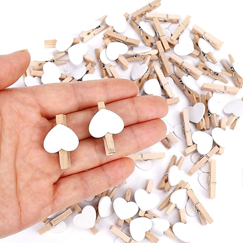 Pince à Linge en Bois Mini Coeur Clips Photos avec Ficelle de Jute 30m pour Décoration de Carte de Titulaire de Photo de Fête de Mariage et Bricolage Décoration 100 Pieces Blanc - Nail Gallerys
