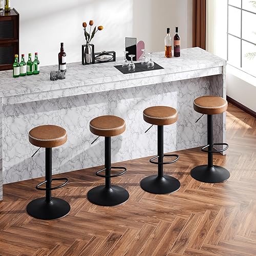 EUGAD Lot de 2 Tabouret de Cuisine Haut, Tabouret Pivotant avec Repose-Pieds, Tabouret de Bar Rond à Hauteur Réglable, Tabouret avec Siège Rembourré en Similucuir Vintage, Marron, 1085BY-2 - Nail Gallerys