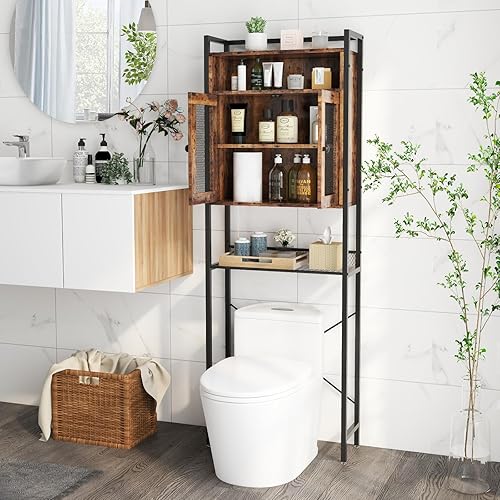 COSTWAY Meuble WC 2 en 1, Armoire de Rangement Au-Dessus des Toilettes, Tablette Multifonctionnelle et Etagère Réglable, Placard à 2 Portes, Style Industriel, 24 x 60 x 172 cm, Marron Rustique - Nail Gallerys