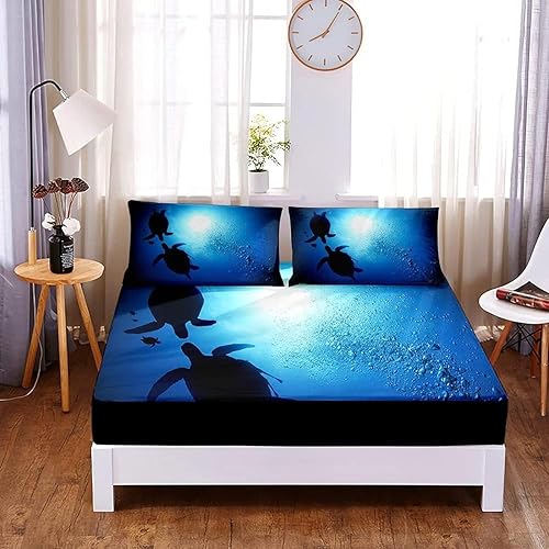 Drap Housse 120x190 Tortue de Mer, 3D Océan Bleu Drap-Housse 120 x 190, Drap Plat 1 Personne, Drap Housse Enfant avec 2 Taies d'oreillers pour Matelas Épais b2907 - Nail Gallerys