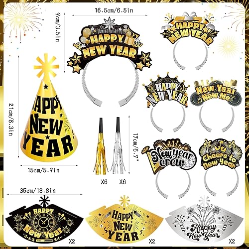 HOWAF Decoration Nouvel An 2025, Chapeau Nouvel An 2025, Serre Tete Nouvel An 2025, Lunettes Nouvel An 2025, Souffleurs de Fête pour Cotillons Nouvel an 2025 Deco Nouvel an 2025 Bonne Année, Or Noir - Nail Gallerys