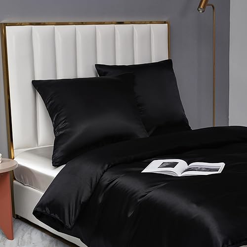 YASMENG Housse de Couette Satin 220x240 Noir Uni Brillant Deluxe Parure de Lit Satin Doux Lisse Soyeux Soie Linge de Lit 2 Personne Adulte avec Fermeture Éclair et Taies d'oreiller 65x65 cm - Nail Gallerys