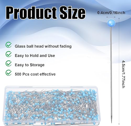 Lot de 500 épingles à coudre avec tête en verre - Pour travaux manuels, couture, ourlets, travaux manuels, bijoux, décoration - Longueur : 4,5 x 0,4 cm - Bleu - Nail Gallerys