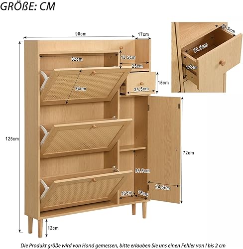 KOMHTOM Armoire à Chaussures en rotin avec 4 Portes et 1 Petit tiroir, Meuble a Chaussures Entree Range Chaussures (B, Couleur du Bois) - Nail Gallerys