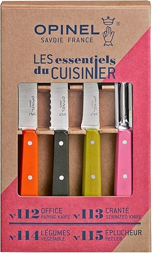 Opinel - Coffret de 4 Couteaux de Cuisine Les Essentiels Fifties - N°112 Office, N°113 Cranté, N°114 Légumes, N°115 Éplucheur - Mandarine, Poivre, Tilleul, Rose - Nail Gallerys