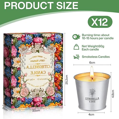 ZPQAODI Citronella Bougies extérieures, 12 x 2,2 oz, bougies en plein air avec bougie de citrate de cire de soja naturelle, ensemble de cadeaux de bougies,bougies pour jardin, camping, cour, grillade - Nail Gallerys