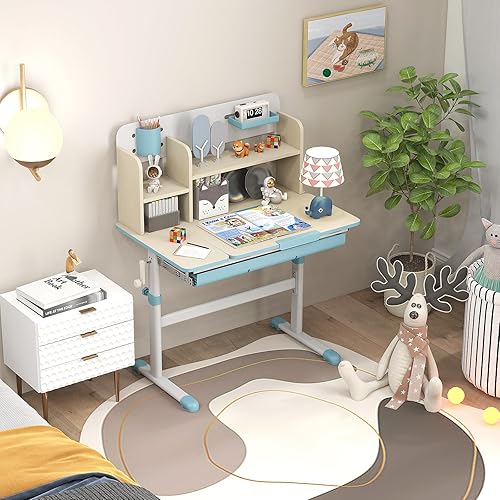 GOPLUS Bureau Enfant, Table d'Étude Réglable en Hauteur avec Rangement, Plateau Inclinable à 7 Niveaux, Tiroir, Support à Livre, Bureau Fille Garcon 3-12 Ans pour Maison, École (Gris) - Nail Gallerys