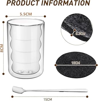 GARPROVM Verre Latte Macchiato, Verre Double Paroi 80ml Set Verre Double Paroi 4 Pcs avec 4 Cuillères et 4 Sous-verres Tasse en Verre Double Paroi Tasses à Expresso (80ml, 4 Pcs) - Nail Gallerys
