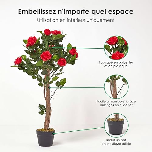 HOMESCAPES Rosier Artificiel Rouge Fleuri en Pot 90 cm - Nail Gallerys