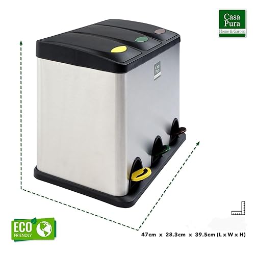 Floordirekt - Brandon - Poubelle de Recyclage en Acier Inoxydable - Seaux Intérieurs Amovibles - Poignée de Transport - 15 Sacs Inclus - Idéale pour la Cuisine - 3 Compartiments | 54 Litres - Nail Gallerys