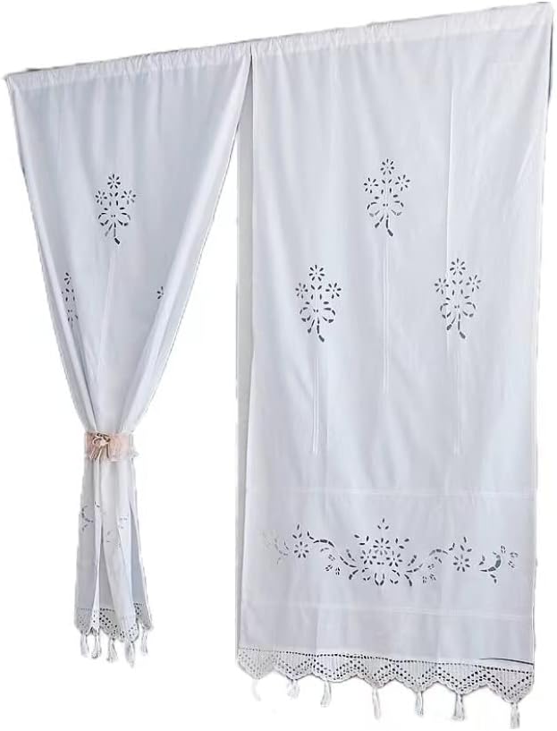 Yulakes Rideau de cuisine, en lin blanc, en coton, brodé, rideau de cuisine, rideau de café, rideau coulissant, rideau de salle à manger, avec bordure à gland crochet, 70 x 150 cm (1 pièce) - Nail Gallerys