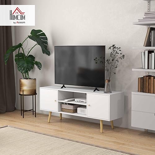 HOMCOM Meuble TV Banc TV Style scandinave 2 Portes 2 niches Pieds en Bois pin Panneaux Blanc - 120 x 34 x 50 cm - Nail Gallerys