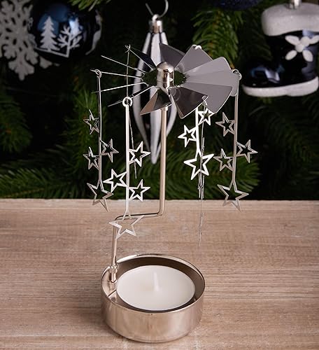 BRUBAKER Carrousel de Bougies à Chauffe Plat Argenté - Porte-Bougie Tournant en Métal Avec Étoiles - Décoration de Table pour Noël - Nail Gallerys