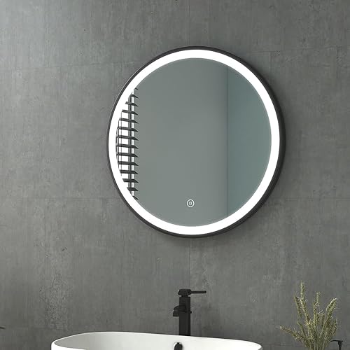 Heilmetz Miroir Salle de Bain Rond LED 80 cm Diamètre, Miroir Salle de Bain avec Interrupteur Tactile, Monture Noire et Bandoulière réglable - Nail Gallerys