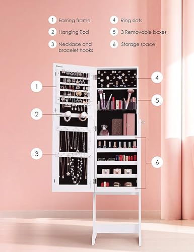 Nicetree Armoire à bijoux sur pied, Armoire de rangement, avec miroir plein sans cadre (Blanc) - Nail Gallerys